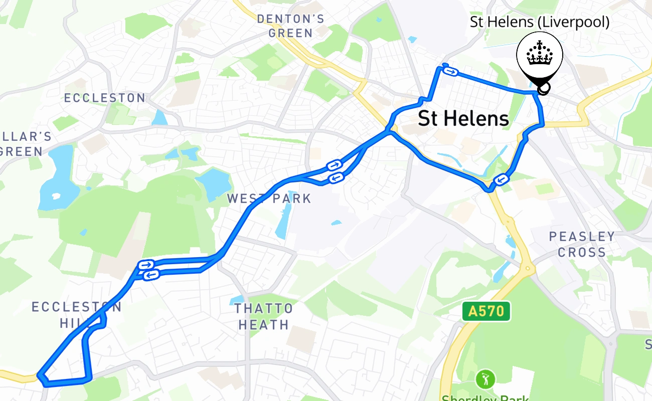 St Helens (Liverpool) driving test route #1234 map - ENG United Kingdom
