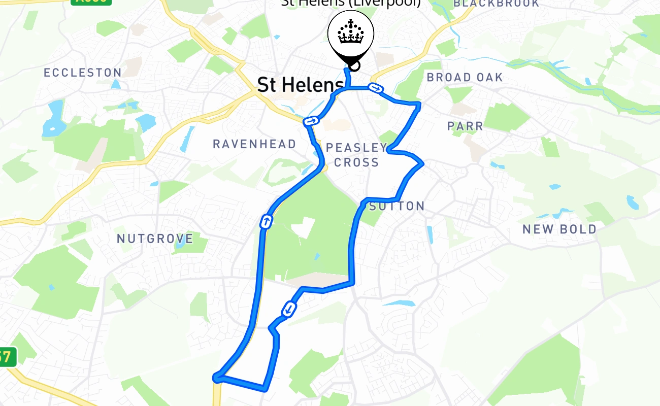 St Helens (Liverpool) driving test route #1225 map - ENG United Kingdom