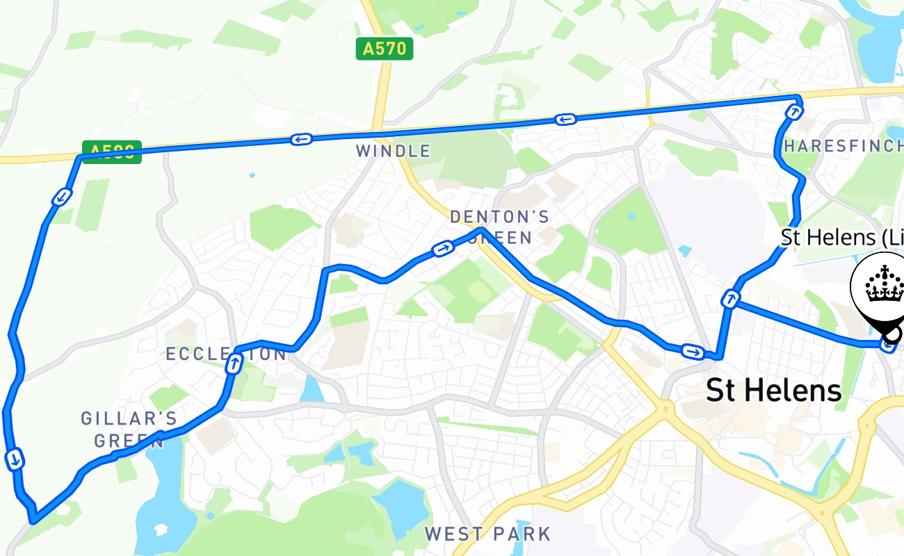 St Helens (Liverpool) driving test route #1226 map - ENG United Kingdom