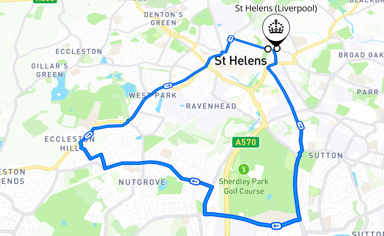 St Helens (Liverpool) driving test route #2564 map - ENG United Kingdom