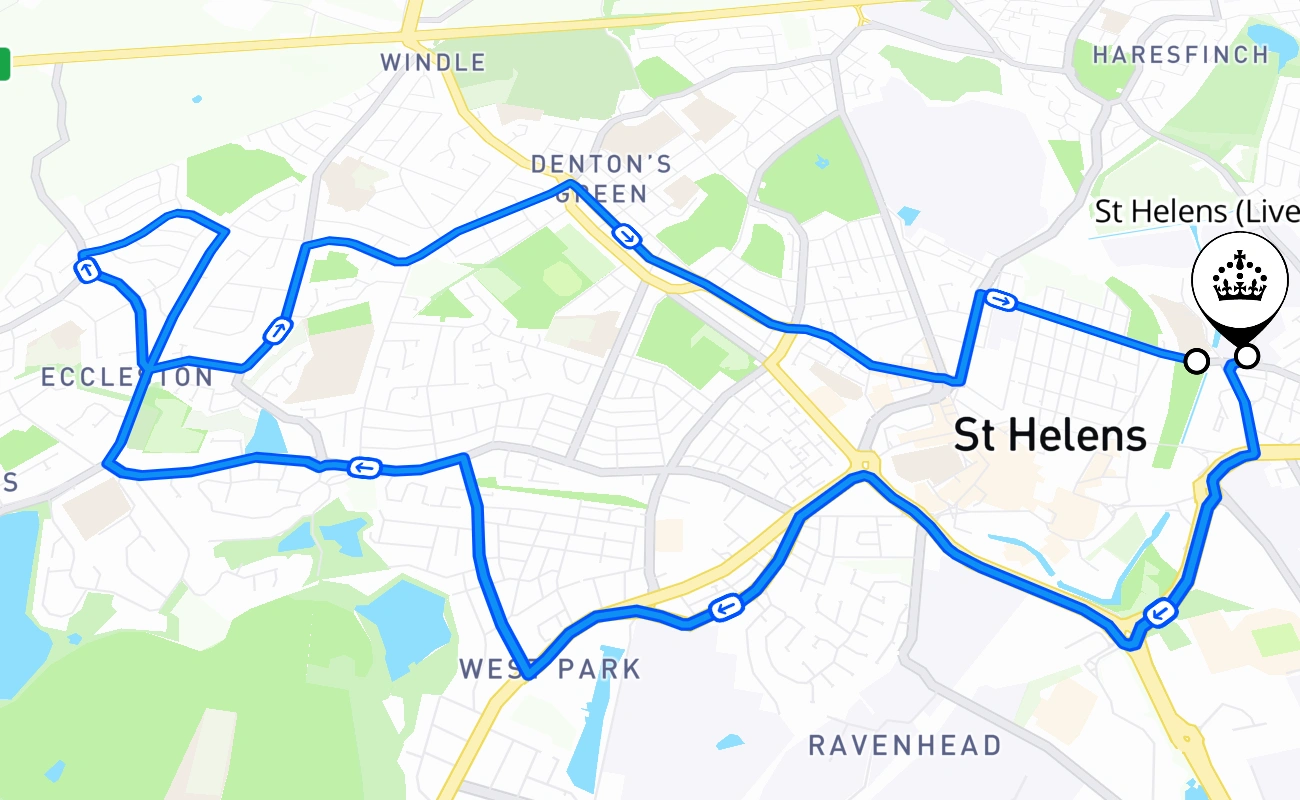 St Helens (Liverpool) driving test route #2566 map - ENG United Kingdom