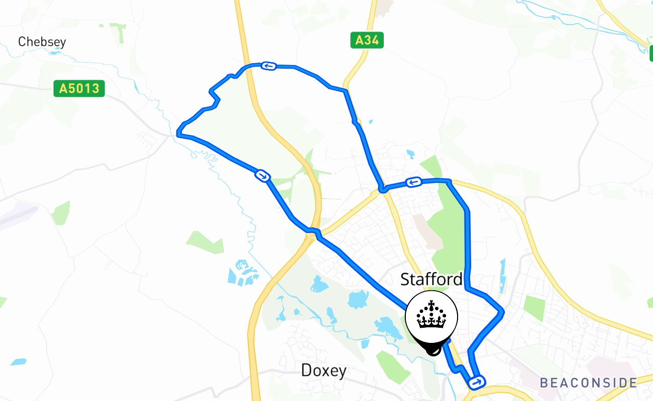 Stafford driving test route #2404 map - ENG United Kingdom
