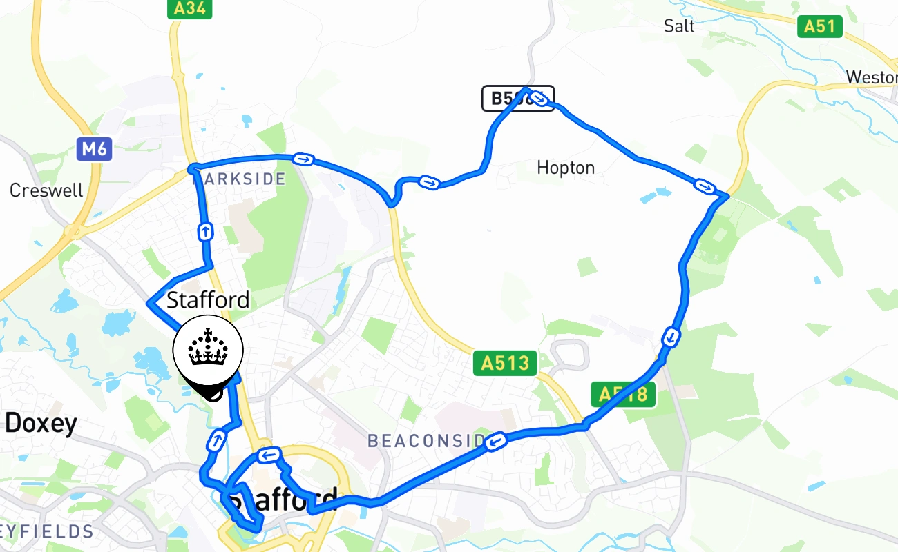 Stafford driving test route #2406 map - ENG United Kingdom