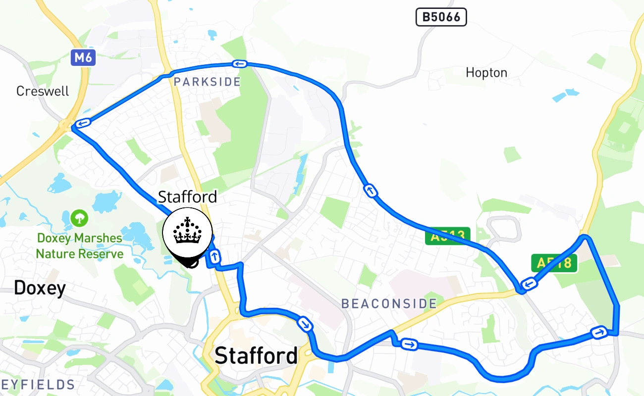 Stafford driving test route #2407 map - ENG United Kingdom