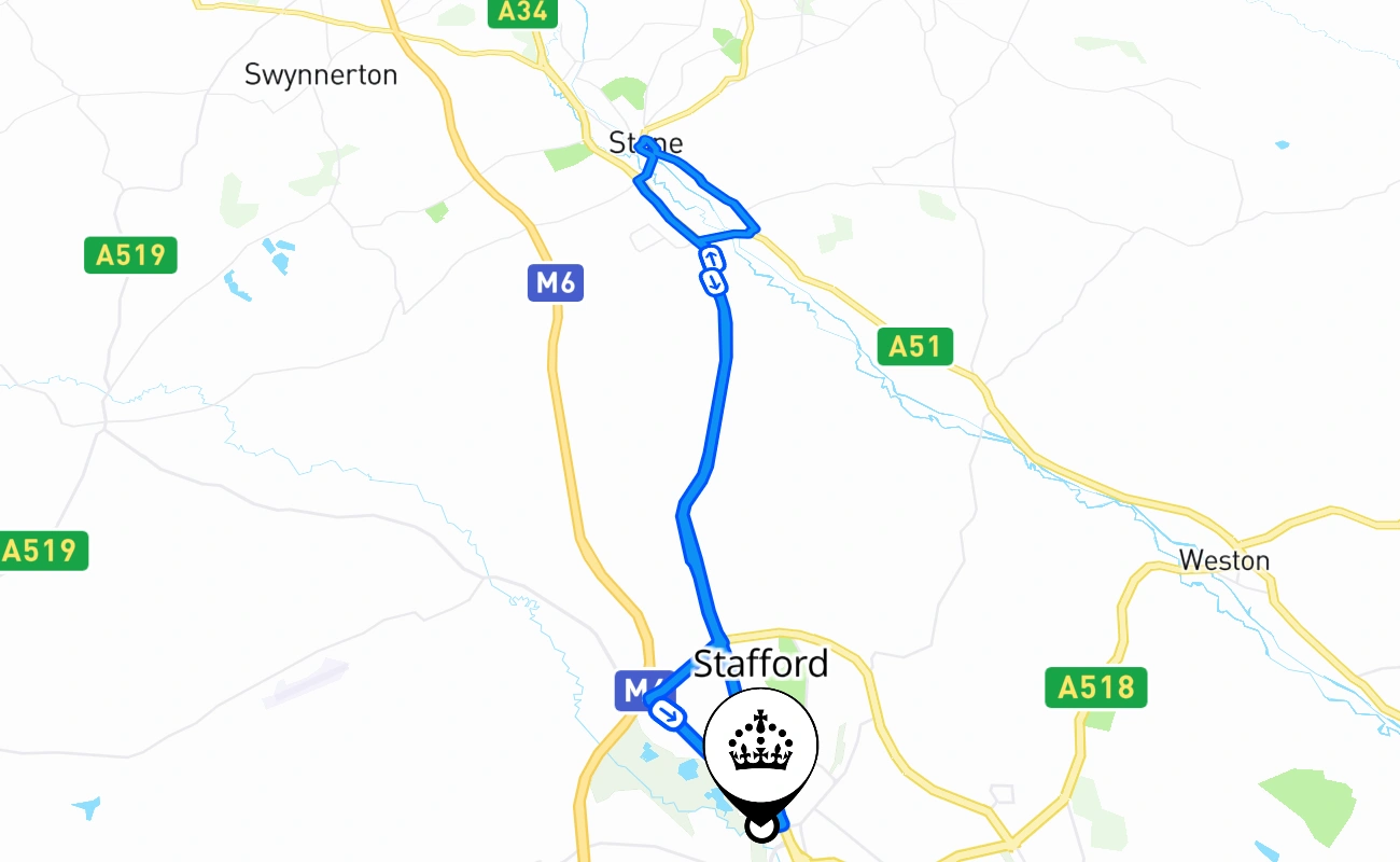 Stafford driving test route #2409 map - ENG United Kingdom