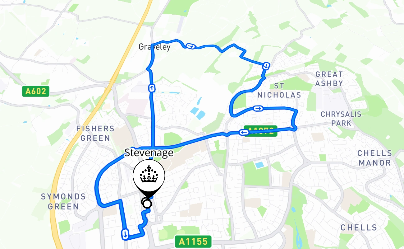 Stevenage driving test route #887 map - ENG United Kingdom