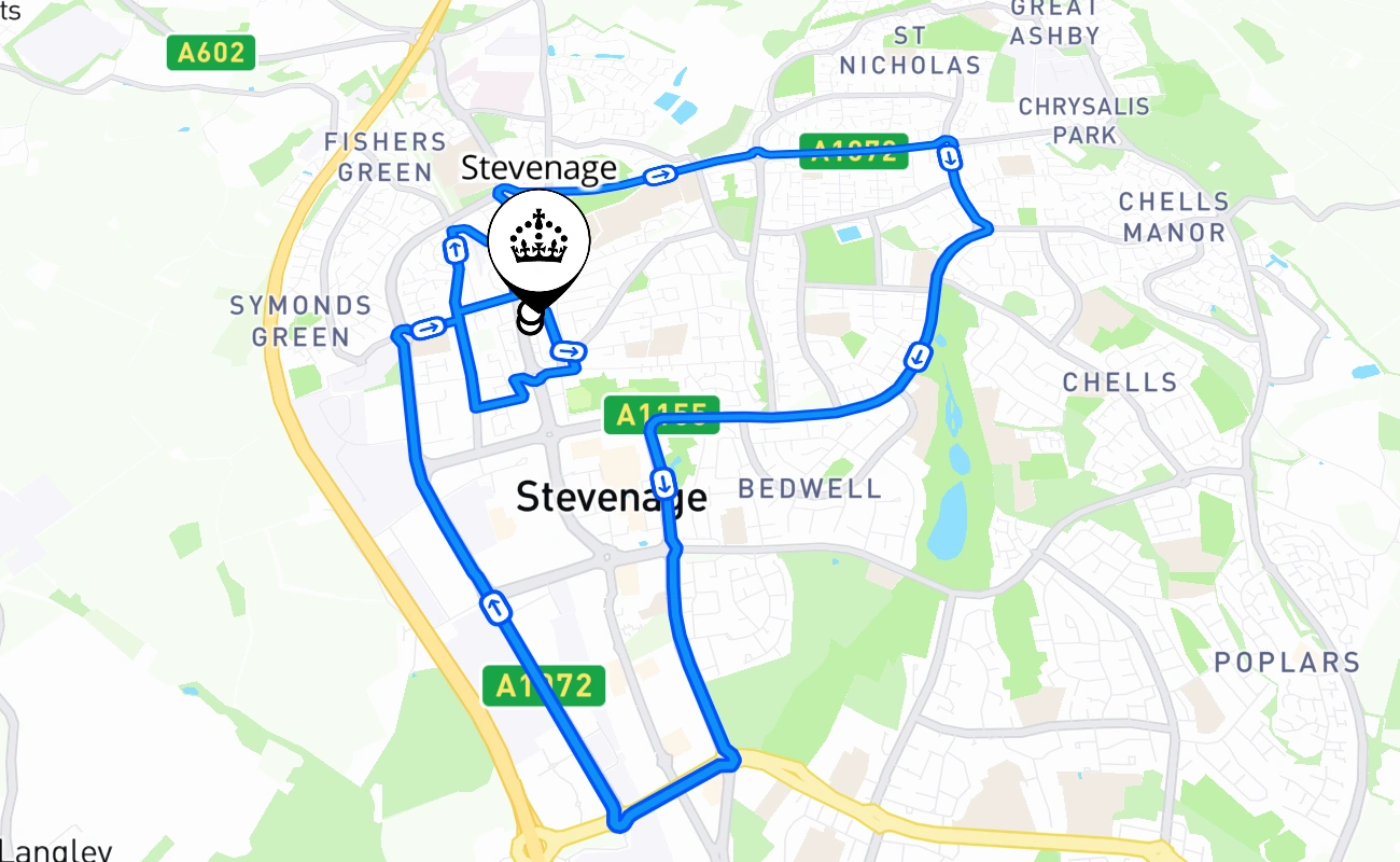 Stevenage driving test route #889 map - ENG United Kingdom