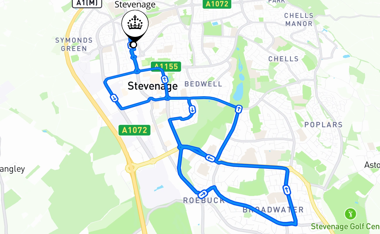 Stevenage driving test route #891 map - ENG United Kingdom