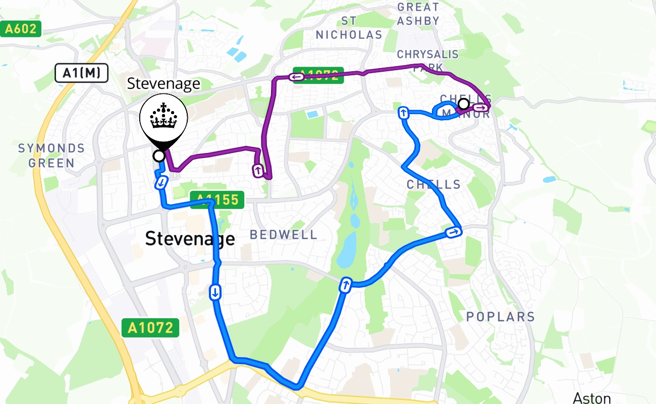 Stevenage driving test route #893 map - ENG United Kingdom