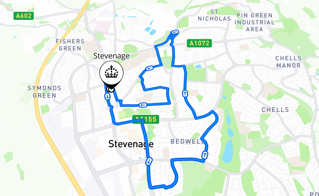 Stevenage driving test route #898 map - ENG United Kingdom