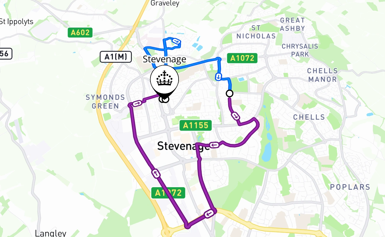 Stevenage driving test route #900 map - ENG United Kingdom