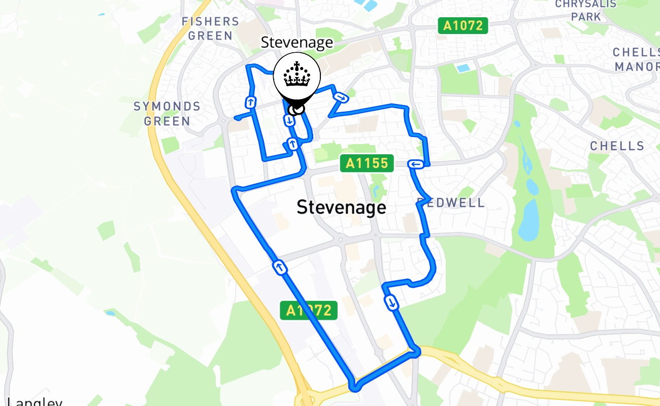 Stevenage driving test route #1060 map - ENG United Kingdom