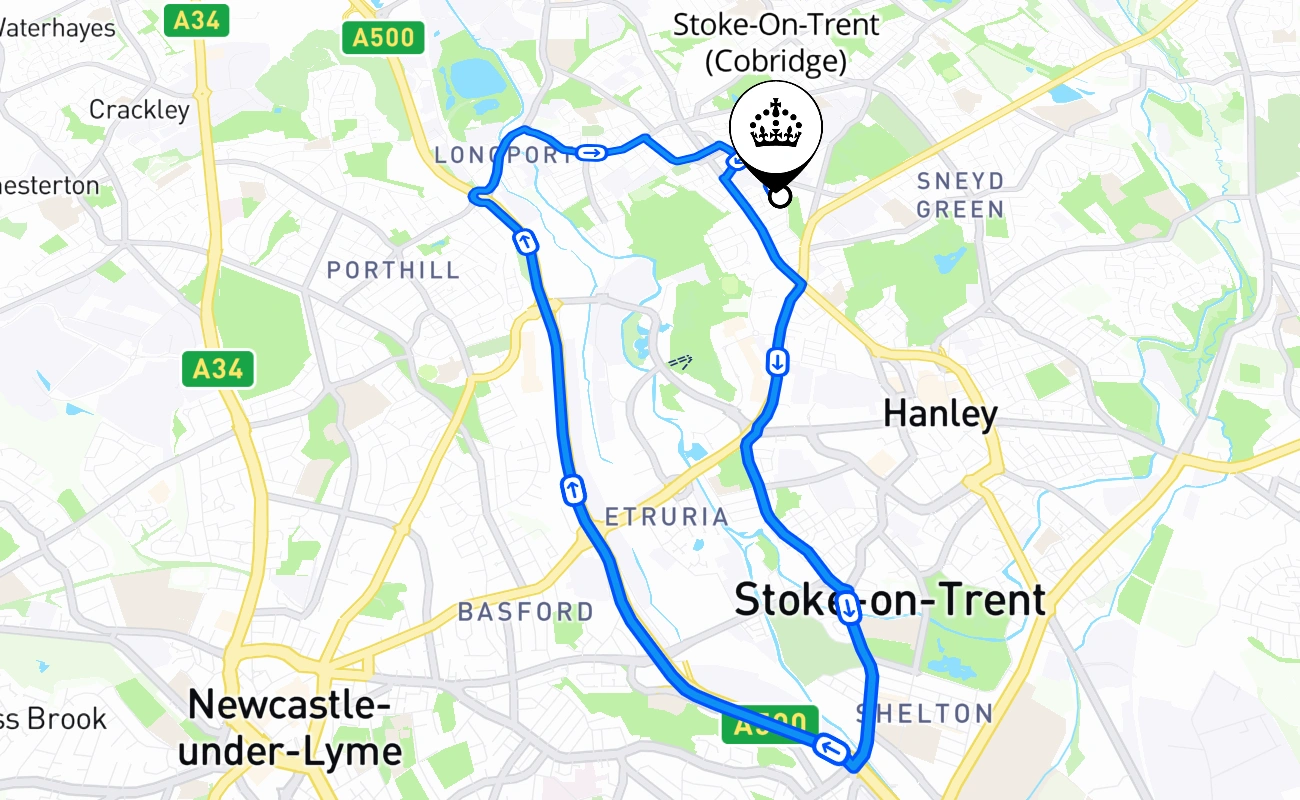 Stoke-On-Trent (Cobridge) driving test route #2027 map - ENG United Kingdom