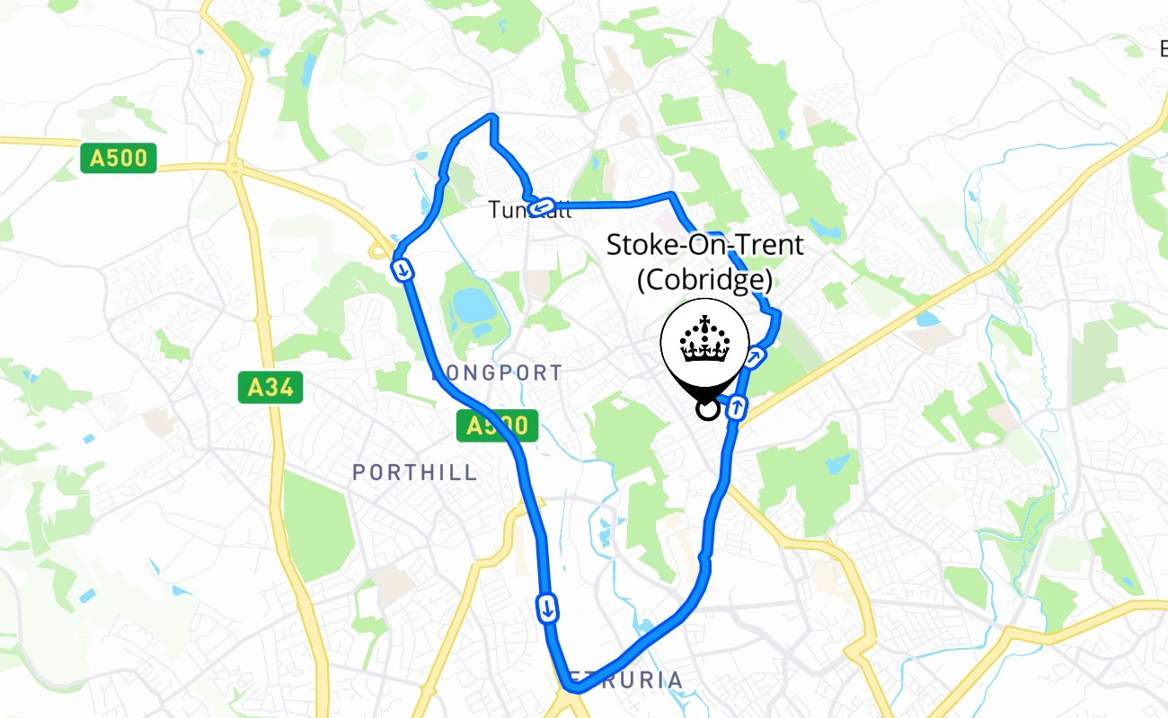 Stoke-On-Trent (Cobridge) driving test route #2029 map - ENG United Kingdom