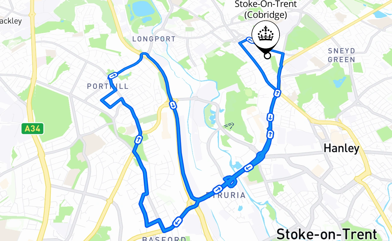 Stoke-On-Trent (Cobridge) driving test route #2030 map - ENG United Kingdom