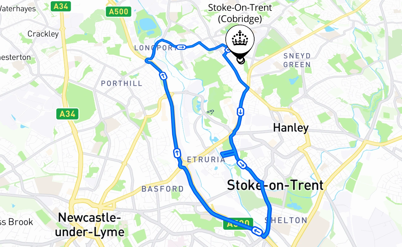 Stoke-On-Trent (Cobridge) driving test route #2036 map - ENG United Kingdom