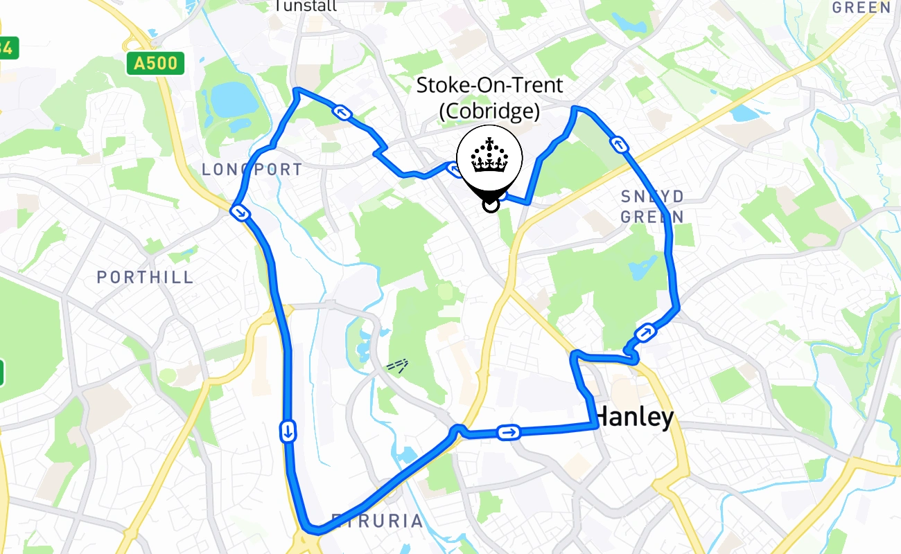 Stoke-On-Trent (Cobridge) driving test route #2038 map - ENG United Kingdom