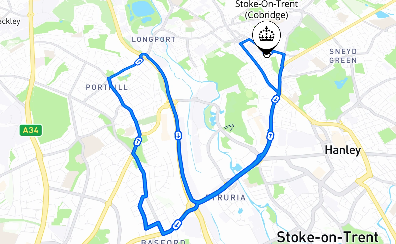 Stoke-On-Trent (Cobridge) driving test route #2042 map - ENG United Kingdom