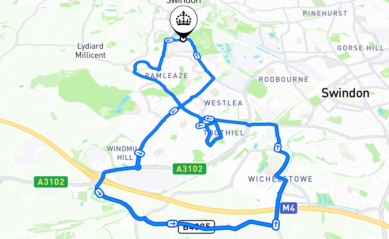 Swindon driving test route #2281 map - ENG United Kingdom