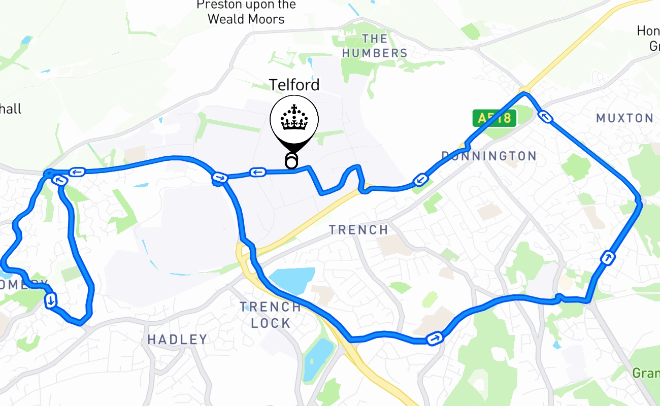 Telford driving test route #1633 map - ENG United Kingdom