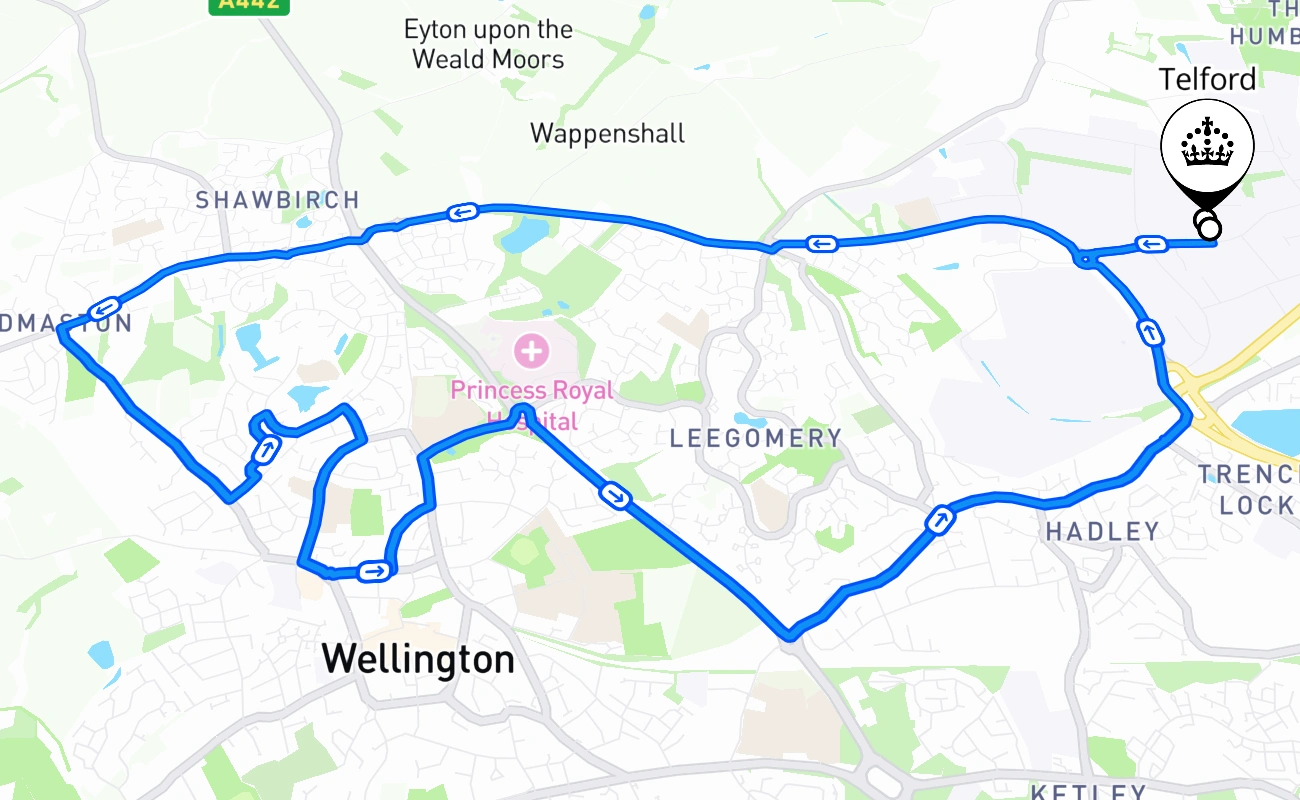 Telford driving test route #1639 map - ENG United Kingdom