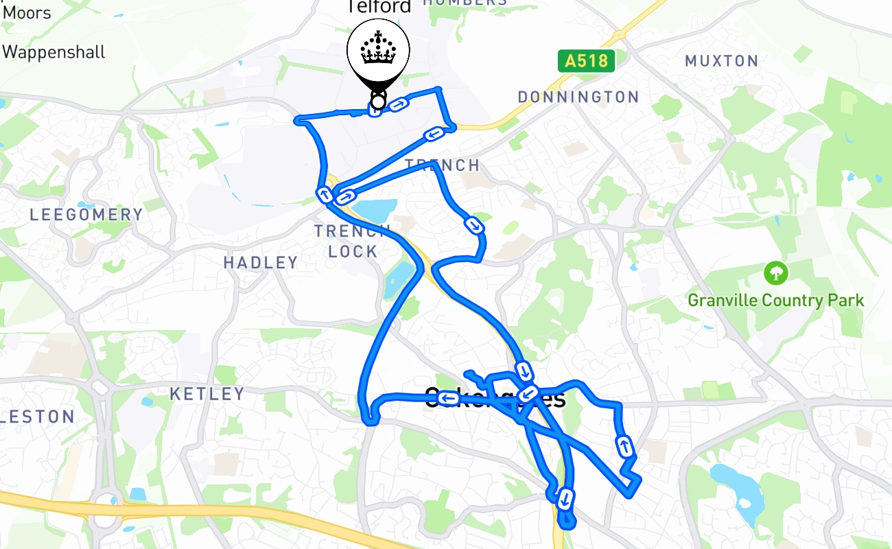Telford driving test route #1641 map - ENG United Kingdom