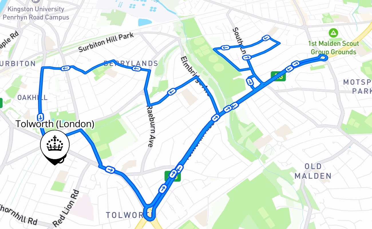 Tolworth (London) 驾考路线 #416 地图 - ENG 英国