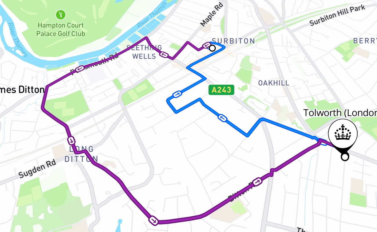 Tolworth (London) driving test route #2678 map - ENG United Kingdom