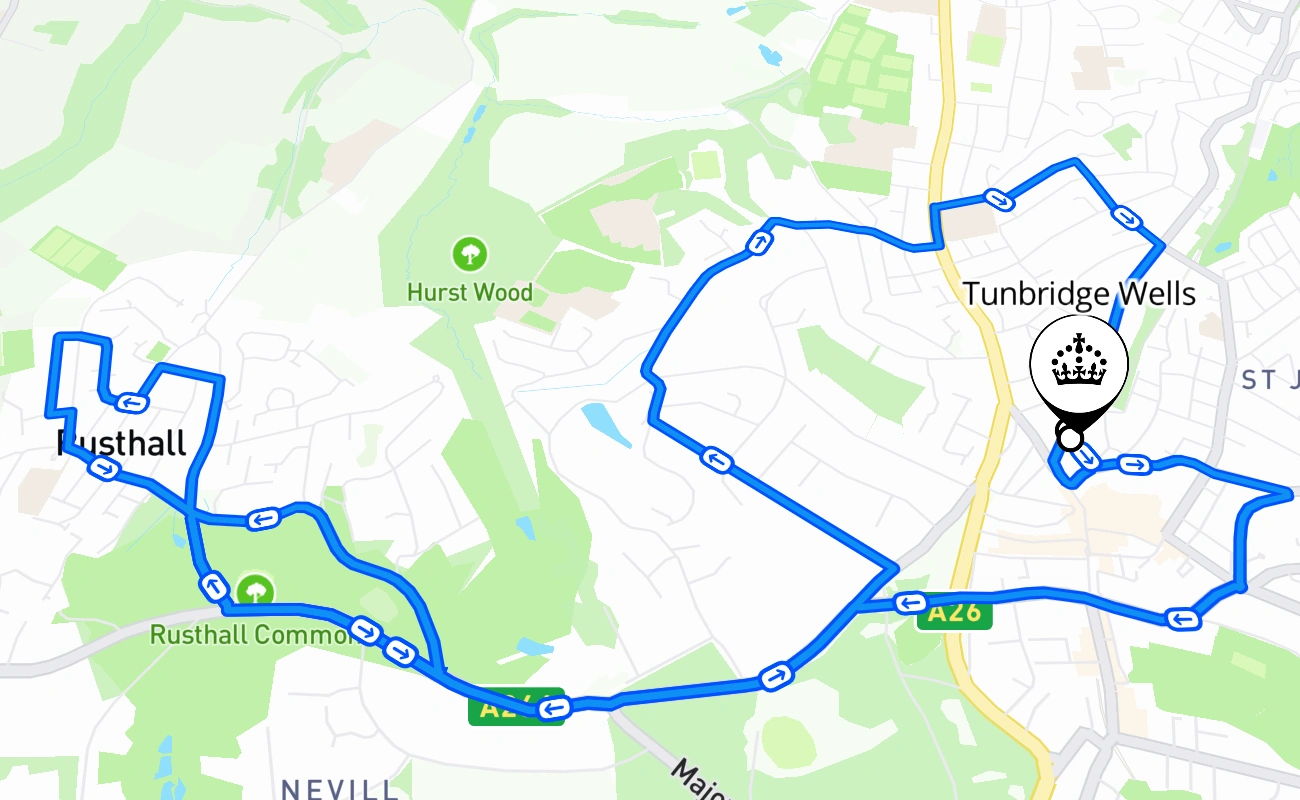 Tunbridge Wells driving test route #1076 map - ENG United Kingdom