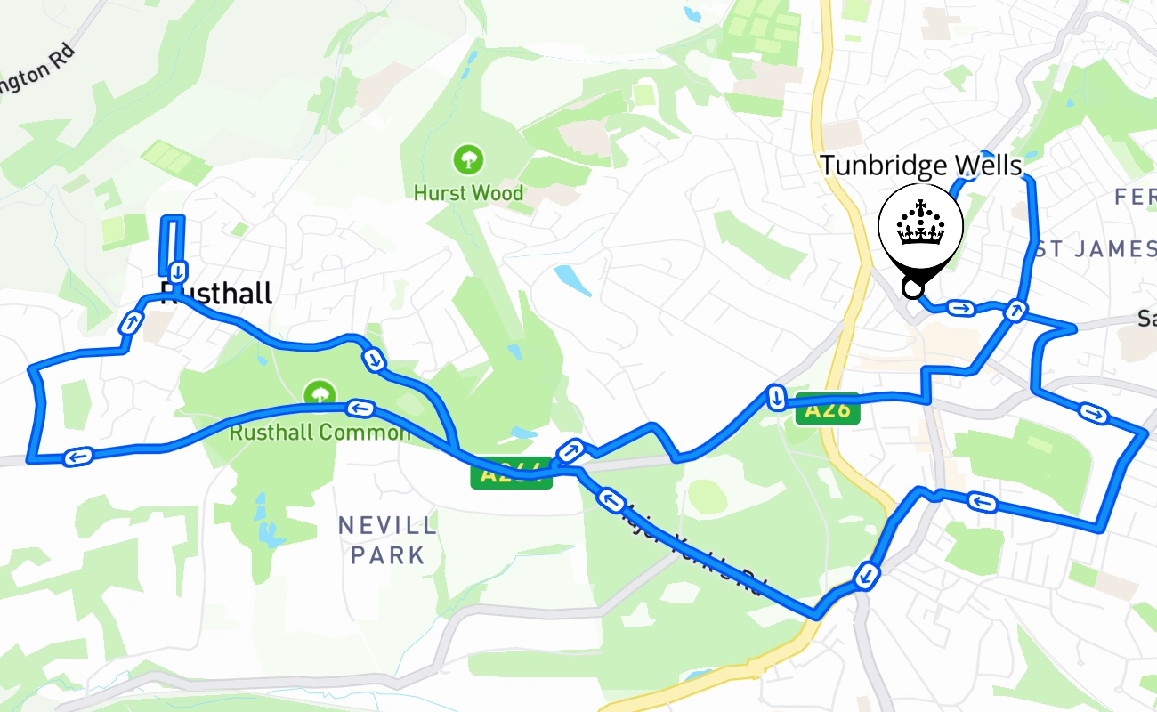 Tunbridge Wells driving test route #1077 map - ENG United Kingdom