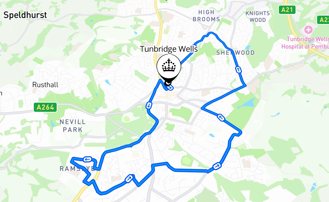 Tunbridge Wells driving test route #1079 map - ENG United Kingdom