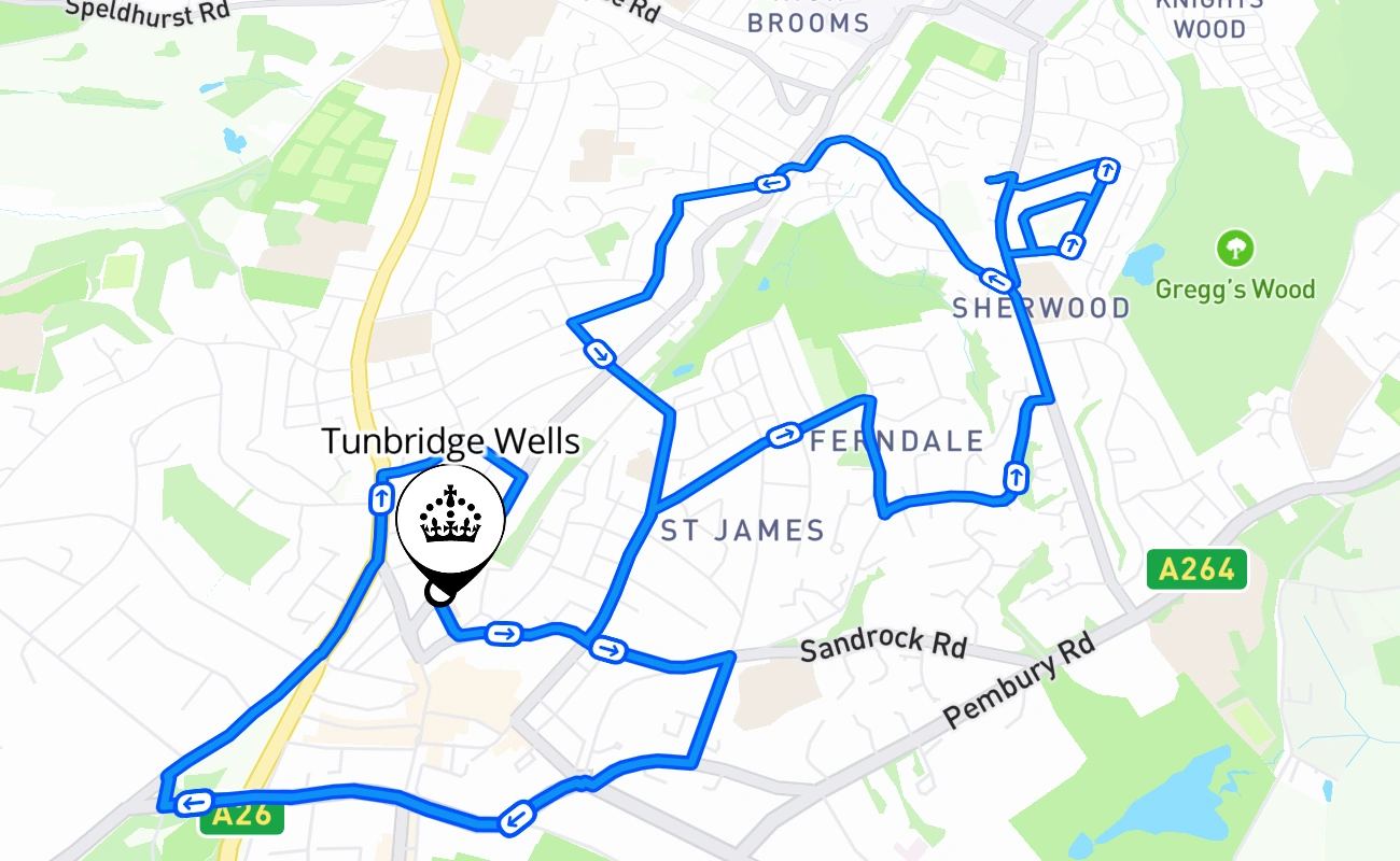Tunbridge Wells driving test route #1082 map - ENG United Kingdom