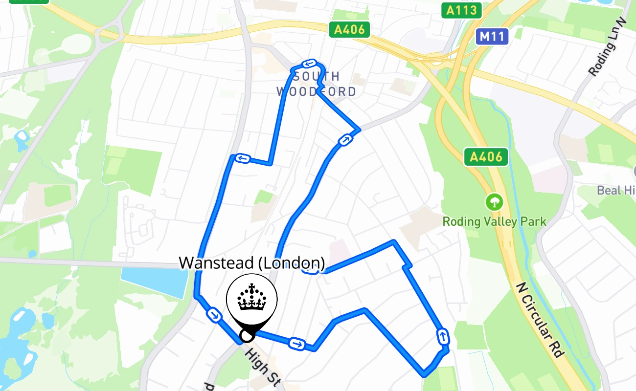 Wanstead (London) driving test route #2558 map - ENG United Kingdom
