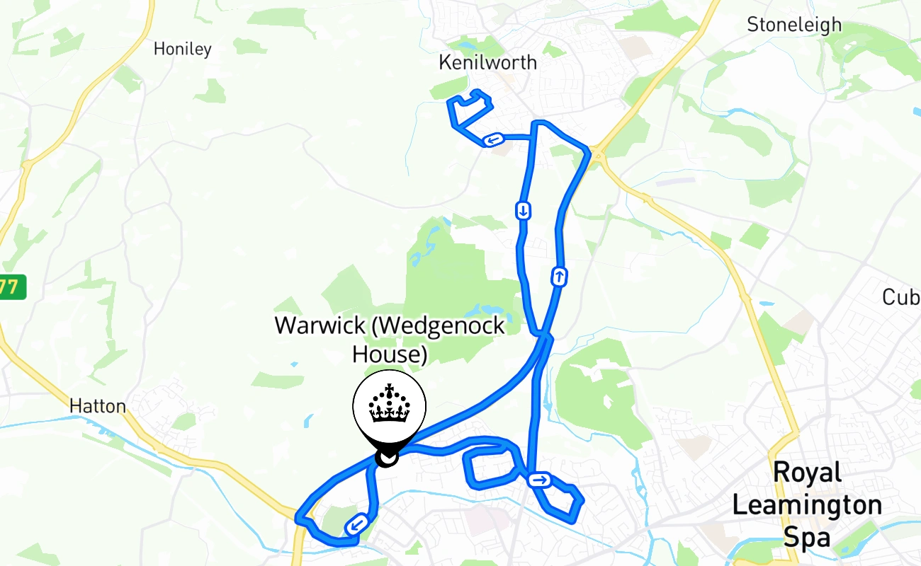 Warwick (Wedgenock House) driving test route #1084 map - ENG United Kingdom