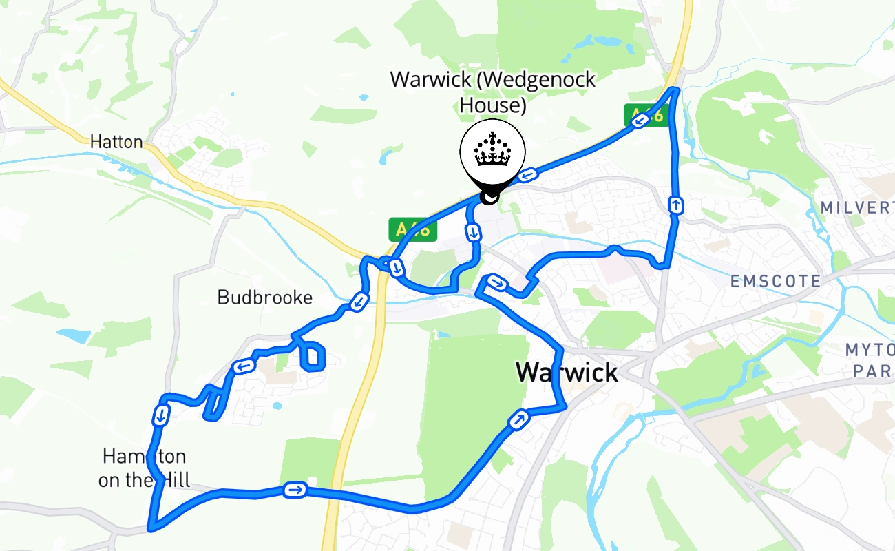 Warwick (Wedgenock House) driving test route #1085 map - ENG United Kingdom