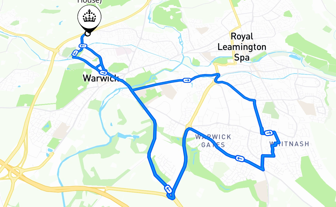 Warwick (Wedgenock House) driving test route #1443 map - ENG United Kingdom
