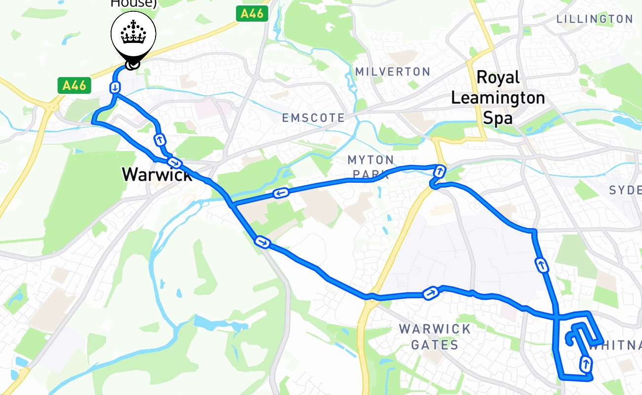 Warwick (Wedgenock House) driving test route #1447 map - ENG United Kingdom
