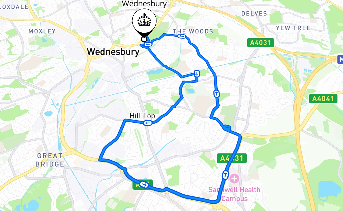 Wednesbury driving test route #1863 map - ENG United Kingdom