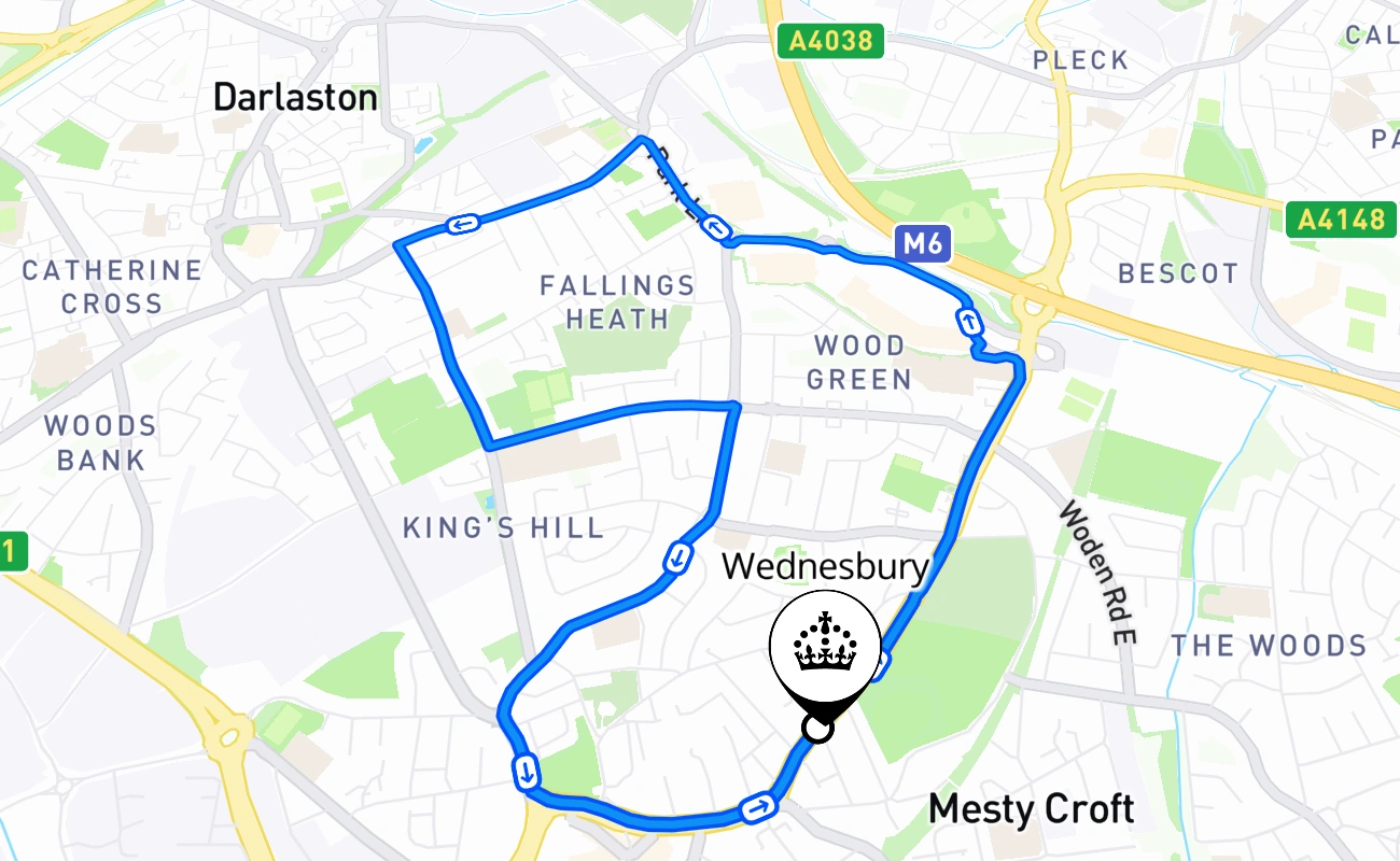 Wednesbury driving test route #1864 map - ENG United Kingdom