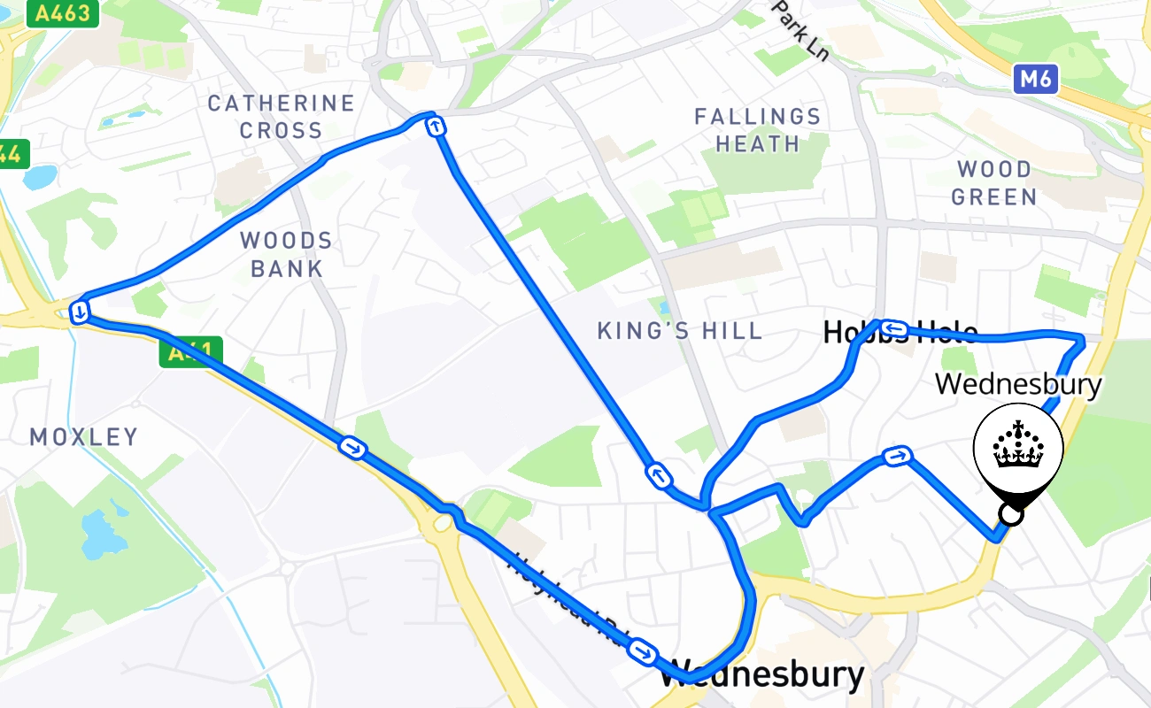 Wednesbury driving test route #1865 map - ENG United Kingdom