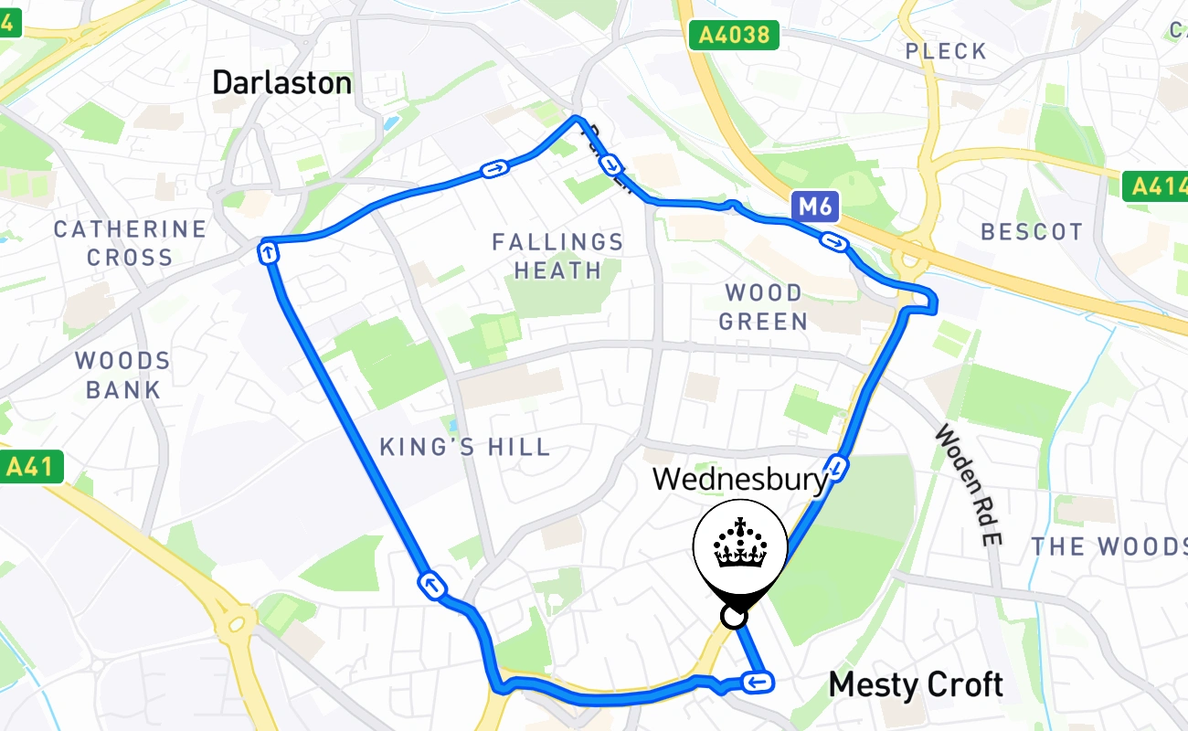 Wednesbury driving test route #1866 map - ENG United Kingdom