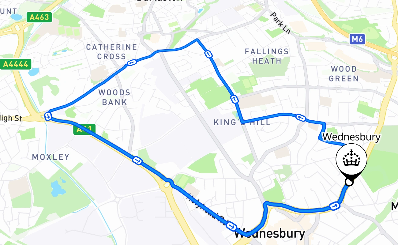 Wednesbury driving test route #1867 map - ENG United Kingdom