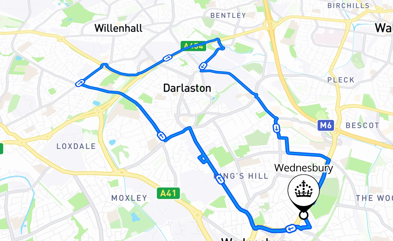 Wednesbury driving test route #1871 map - ENG United Kingdom