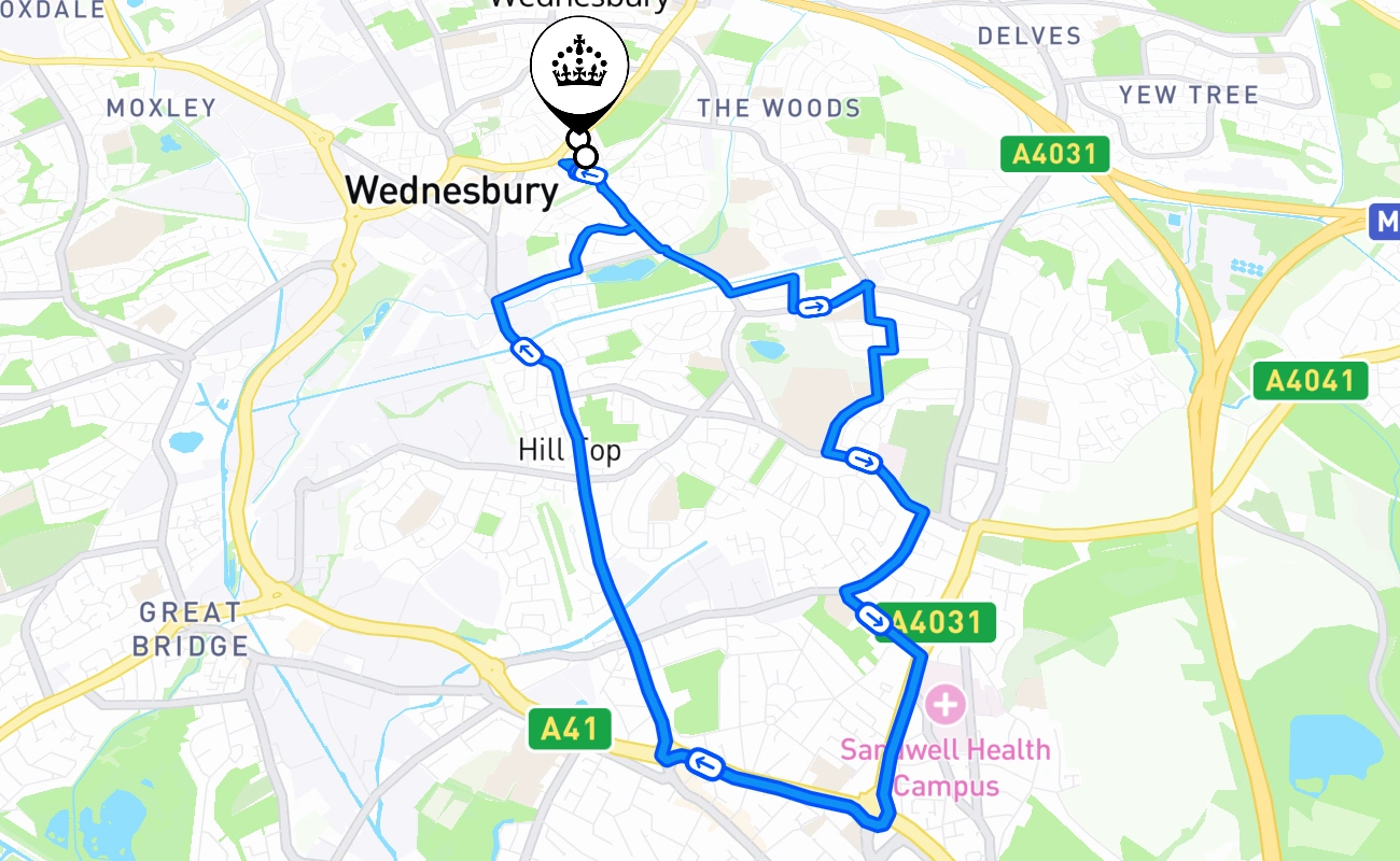 Wednesbury driving test route #1872 map - ENG United Kingdom