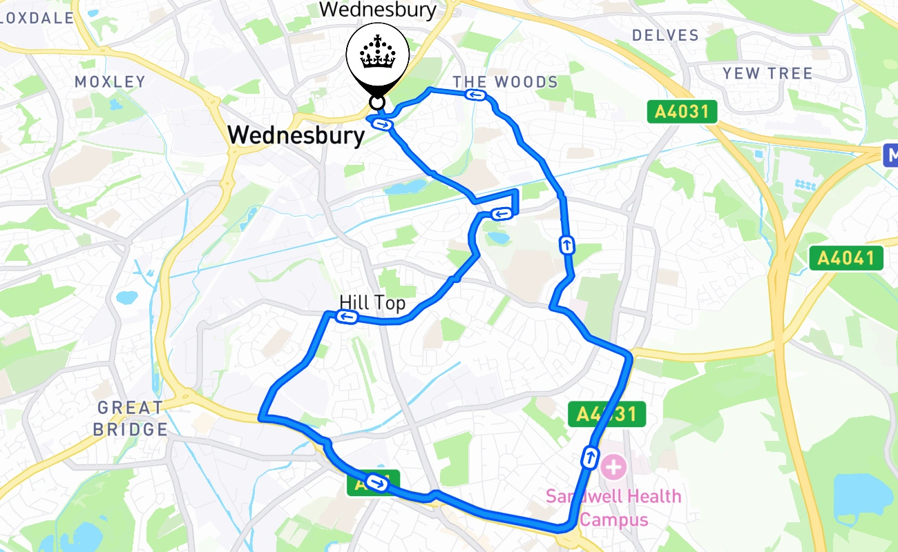Wednesbury driving test route #1873 map - ENG United Kingdom