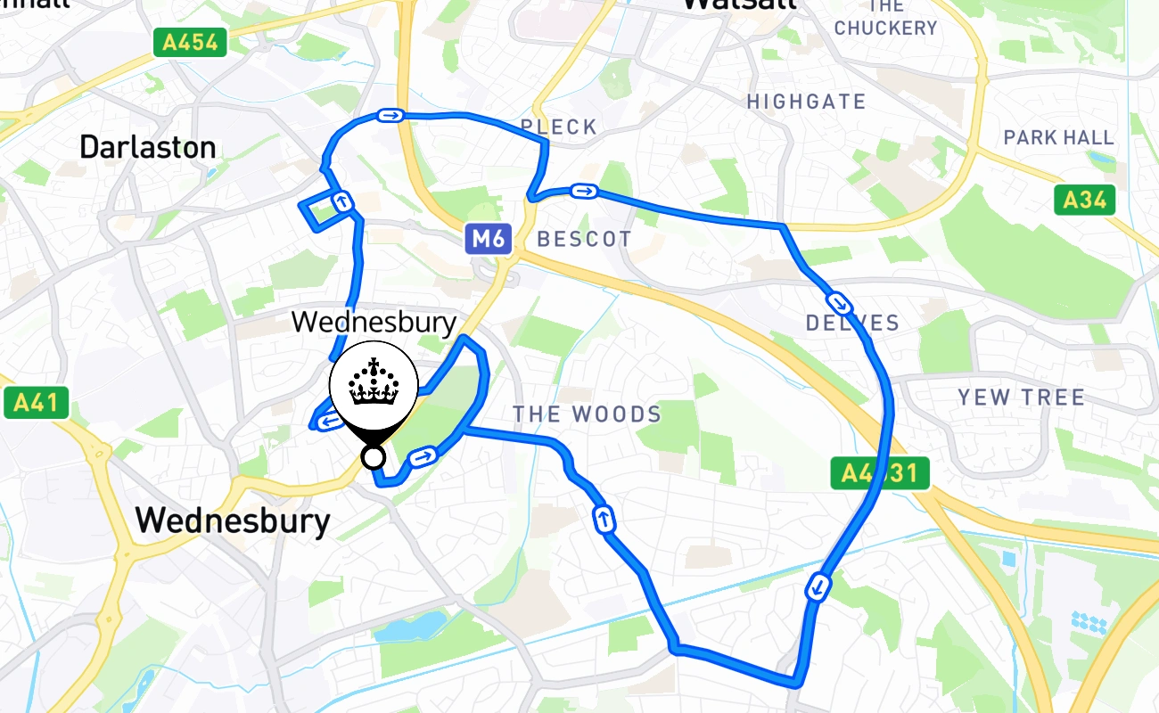 Wednesbury driving test route #1874 map - ENG United Kingdom