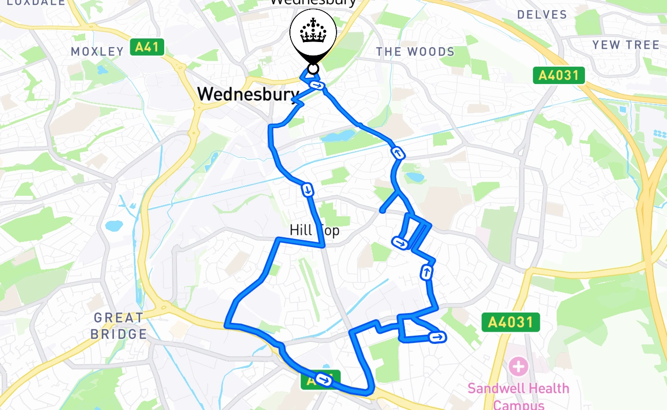 Wednesbury driving test route #1876 map - ENG United Kingdom