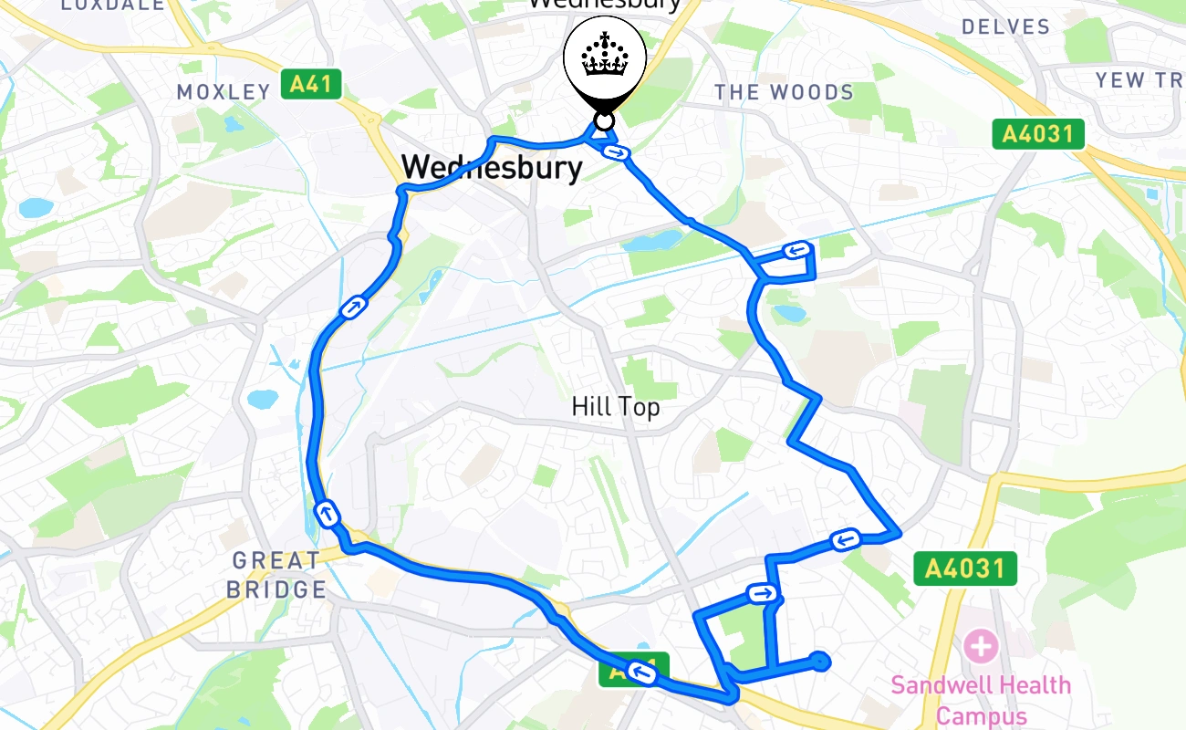 Wednesbury driving test route #1877 map - ENG United Kingdom