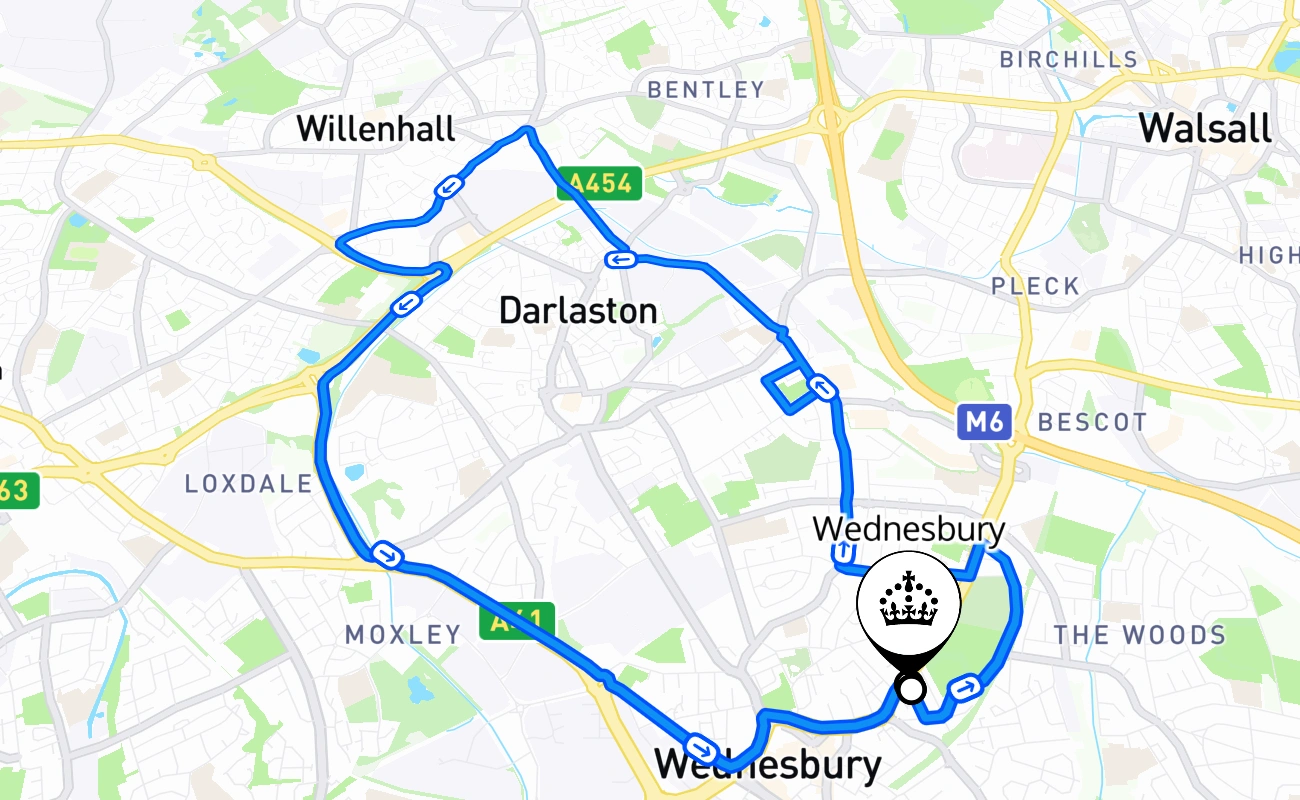 Wednesbury driving test route #1878 map - ENG United Kingdom