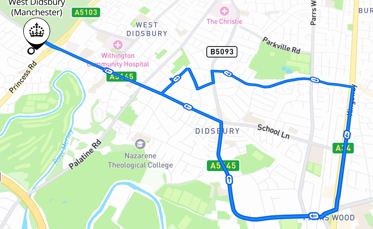 West Didsbury (Manchester) driving test route #625 map - ENG United Kingdom